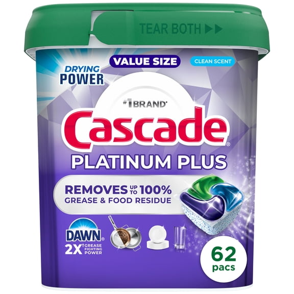 Cascade Platinum Plus Dishwasher Detergent Clean, 62 Count