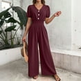 thumbnail image 5 of Xdegoge Womens Short Sleeve Jumpsuit V Neck Button Front High Waist Elastic Wide Leg Pants Casual Puff Sleeves Loose Fit Summer Jumpsuits Plus Size, 5 of 9