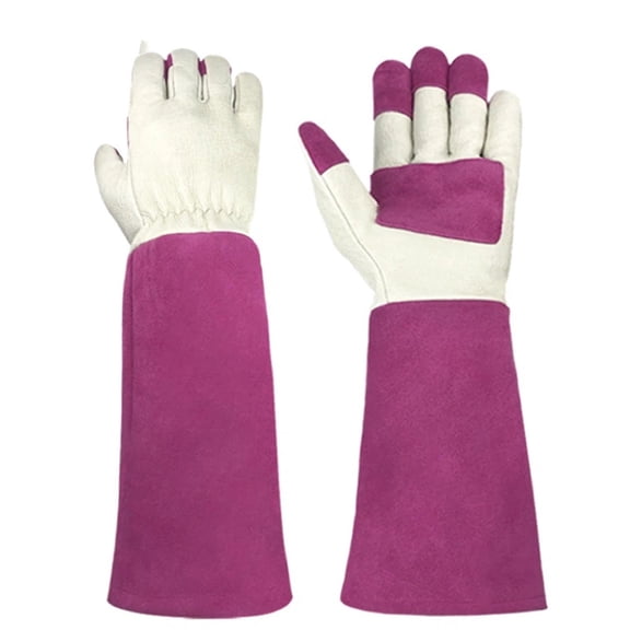 Ladies Thorn Proof Gardening Gloves, Long Gauntlet Heavy Duty Garden Gloves, Elbow Length Women Leather Rose Pruning Glove (M White/Rose)