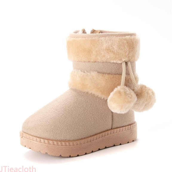 JTieacloth Kids Winter Warm Fleece Lined Snow Boots For Girls Side Zipper Cute Ankle Booties Non Slip Soft Sole Outdoor Boots for Daily School(Beige)