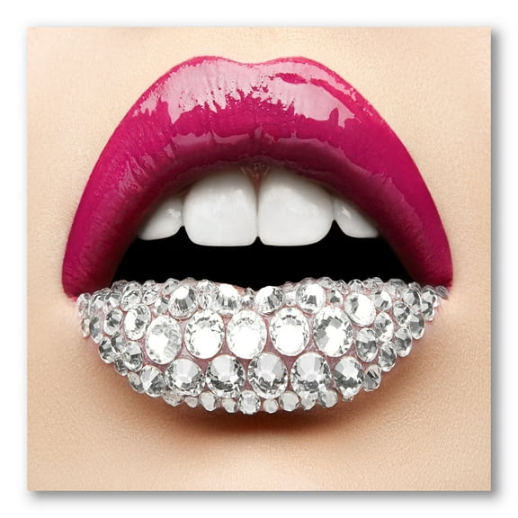 Designart ' Girl Lips With Pink Lipstick White Diamonds ' Modern Canvas Wall Art Print