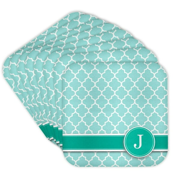 3dRose, Personalized letter J aqua blue quatrefoil pattern Teal turquoise mint monogrammed personal initial, Set of 8 Coasters - Soft