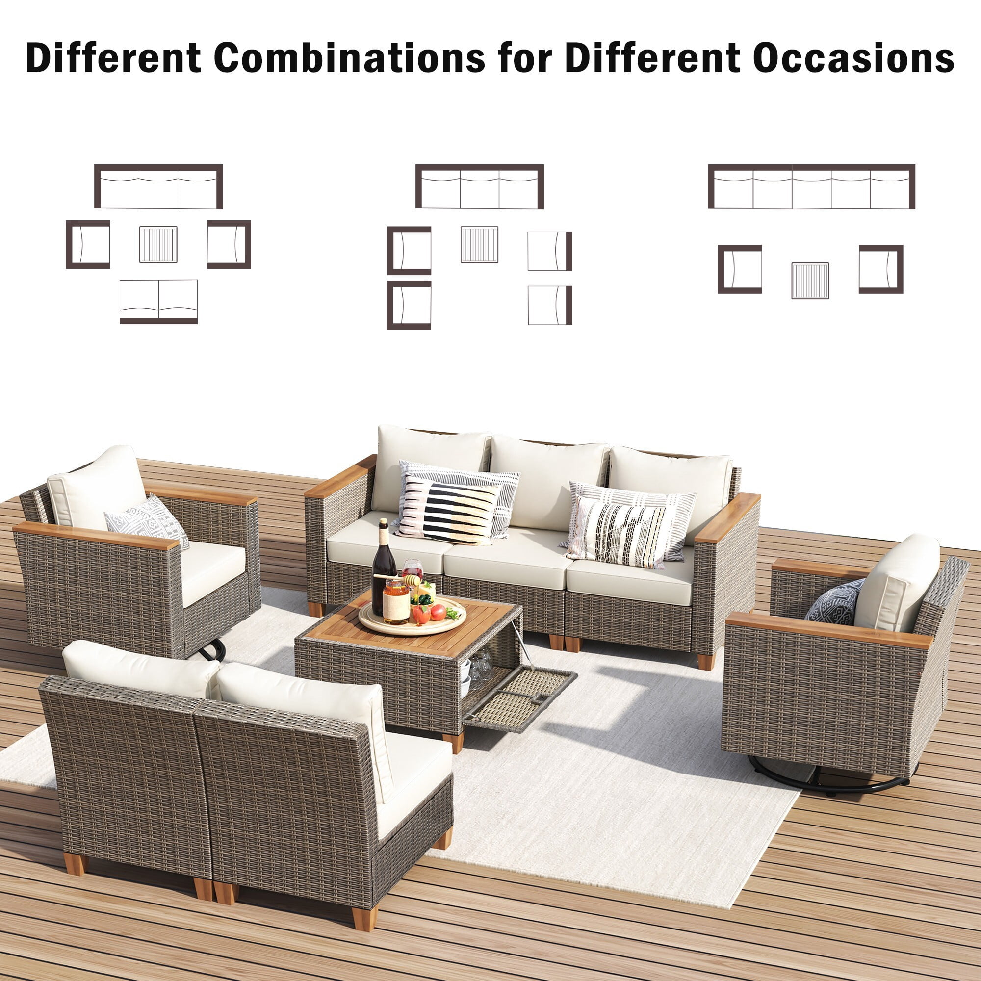 AENKYO 8-Piece Wicker Patio Furniture Set, Sectional Sofa w/ 360° Swivel Rocker Chairs & Acacia Storage Table, Beige