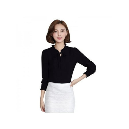 Ruffle Collar Blouse - Women Chiffon Ruffle Collar Solid Color Long Sleeve Career Blouse Shirts