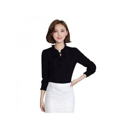 Women Chiffon Ruffle Collar Solid Color Long Sleeve Career Blouse