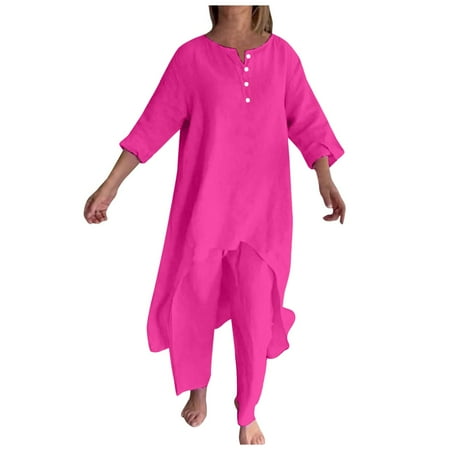 Two Piece Sets for Women Dressy Linen Pant Set Women s 2024 Fashion Casual Large Irregular Long Sleeved Suit Wide Leg Pants Two Piece Suit(Color:Hot Pink Size3XL)