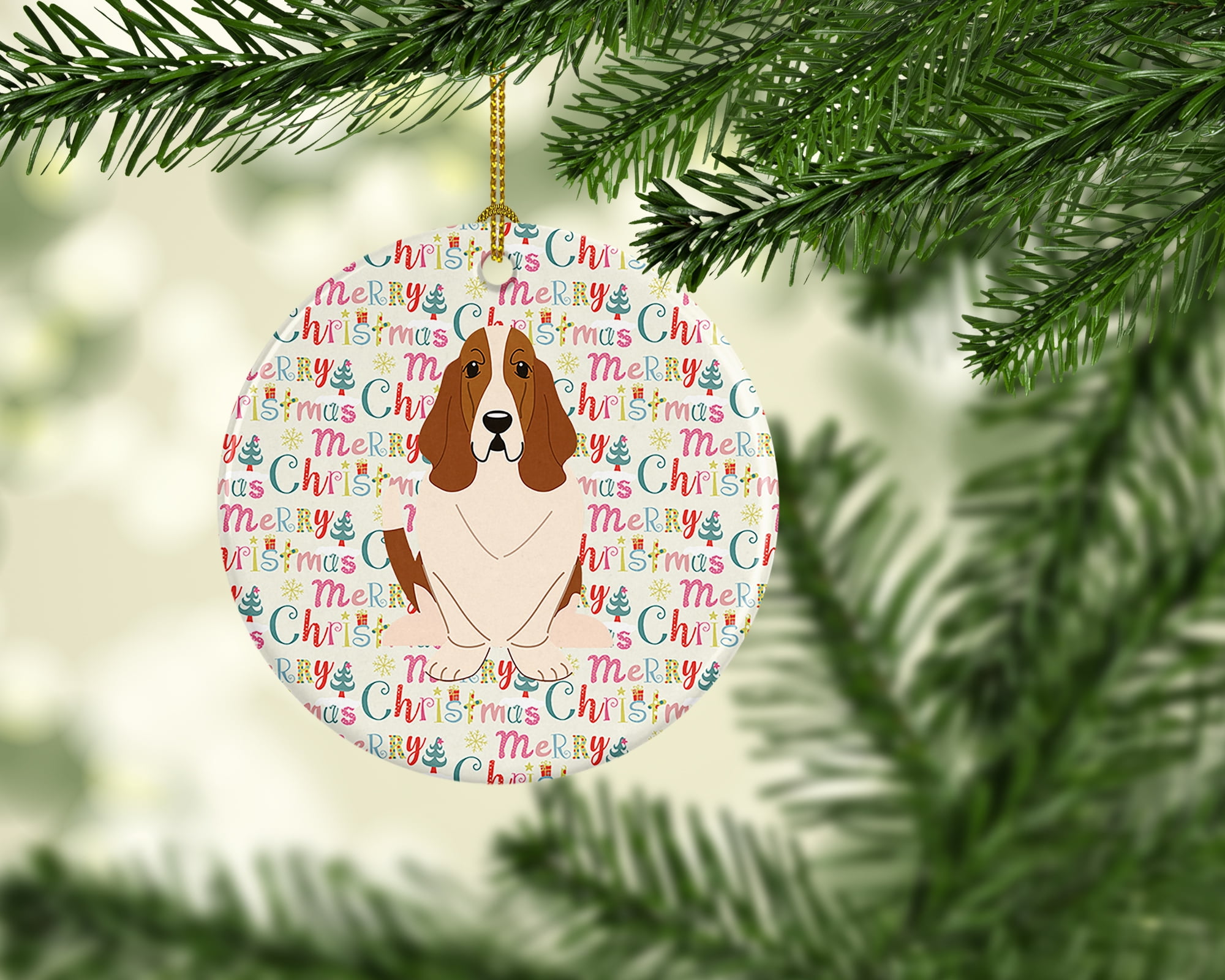 Merry Christmas Basset Hound Ceramic Ornament 2.8 in x 2.8 in