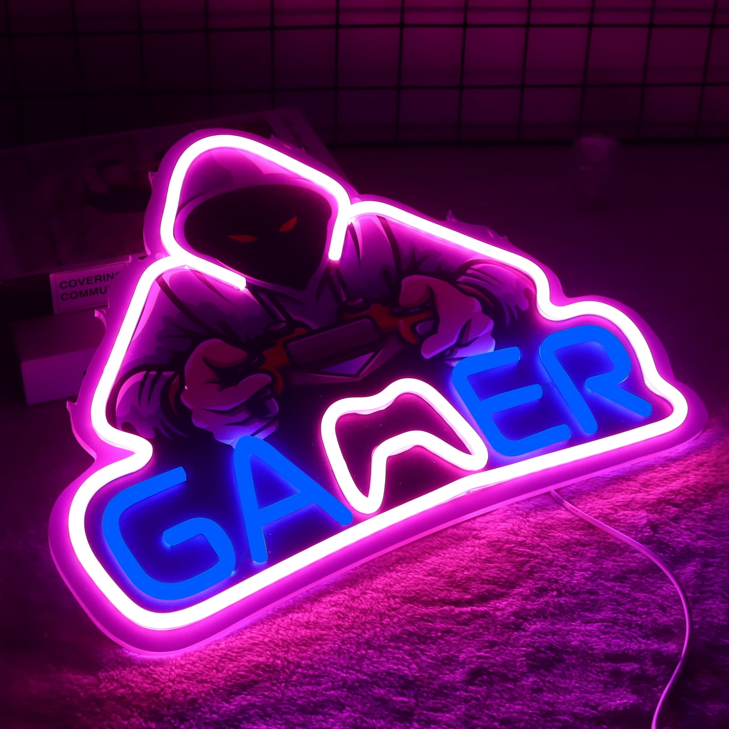 JFLLamp LED Neon Sign Gaming Theme Light Purple Blue Wall Decor USB Powered Acrylic Backboard Hanging Light for Room Setup