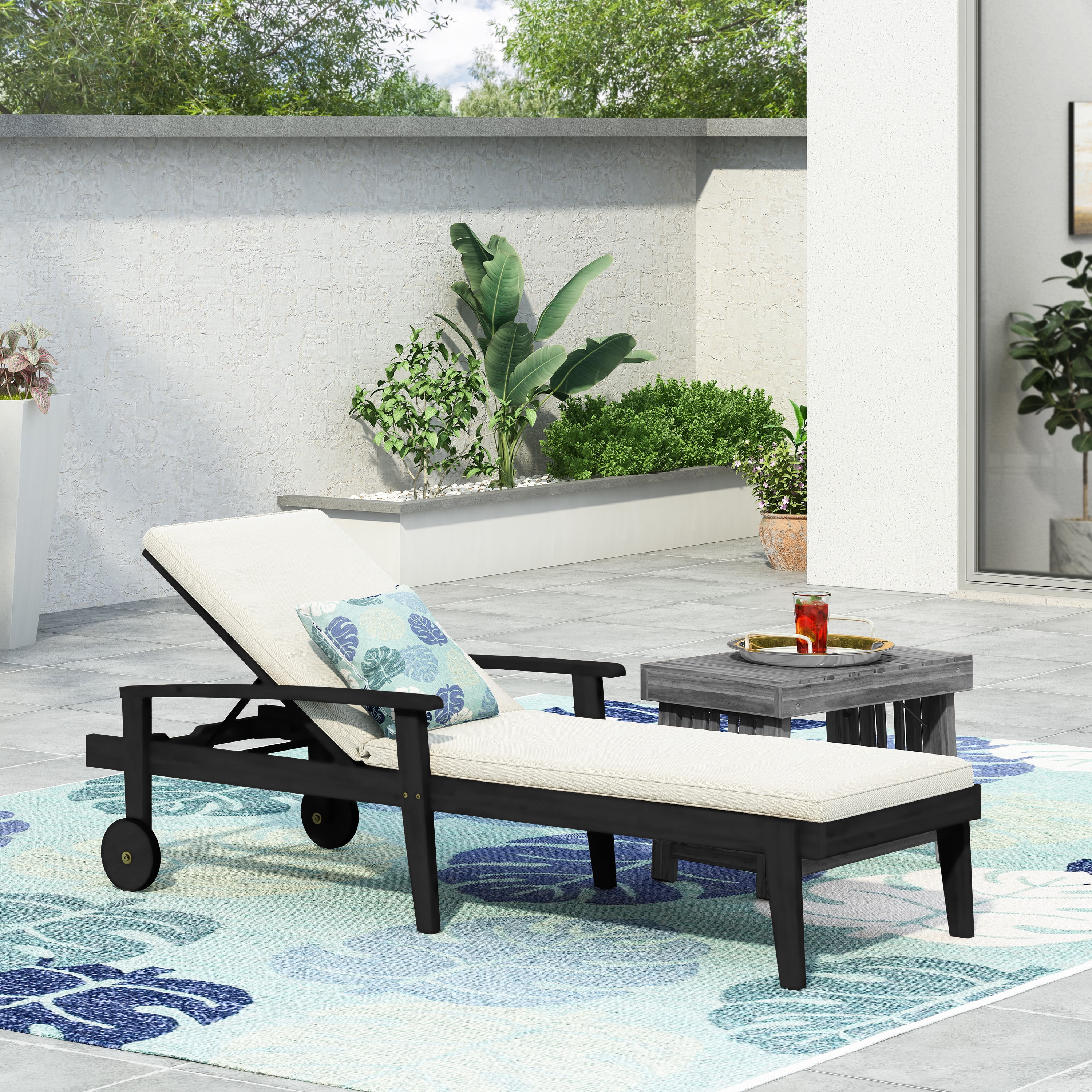Adjustable Chaise Lounge, Outdoor Acacia Wood Lounge for Patio Poolside, Black and Brown