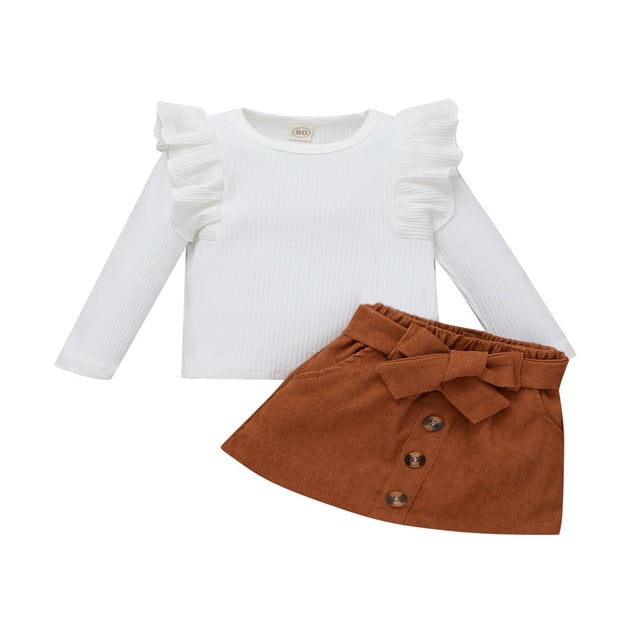 PENGXIANG Toddler Baby Girls Autumn Clothes Solid Ruffle Knit Long Sleeve Pullover Tops Button A-Line Skirts 2Pcs Set White 9-12 Months