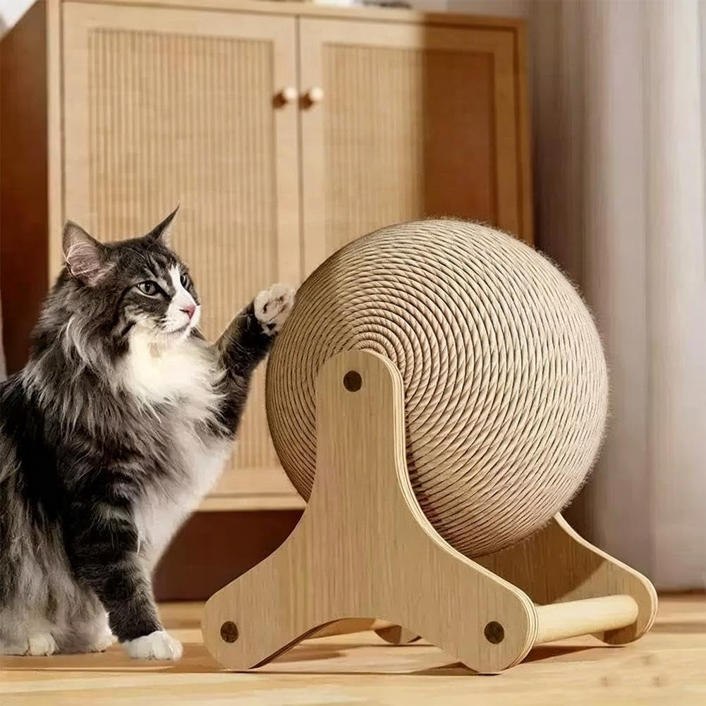 Wooden Cat Scratcher with Sisal Ball, Round Interactive Scratching Board, Durable Indoor Pet Toy for Cat Kitten Claw Care Stress Relief Household Use(k)