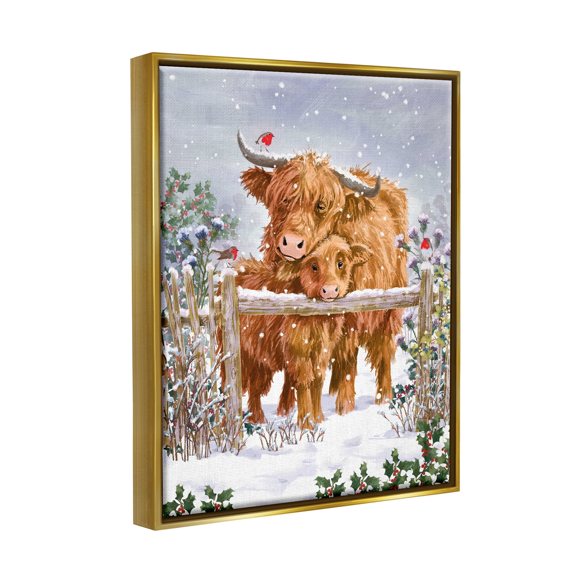 Stupell Industries Winter Cattle Cuddling Snow Scene Holiday Painting Gold Floater Framed Art Print Wall Art
