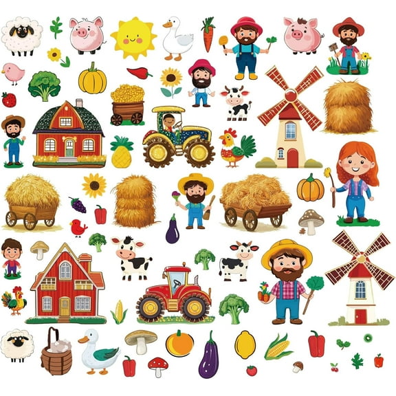 8 Sheets Farm Wall Stickers Animal Stickers Vegetables Window PVC Waterproof Self Adhesive Wall Decals Removable