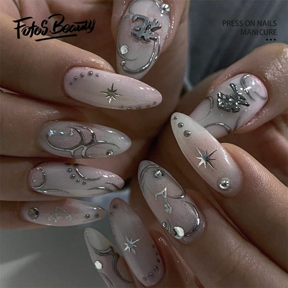 Fofosbeauty 24pcs Press on False Nails Tips, Almond Fake Acrylic Nails, Patterns Silver Clear