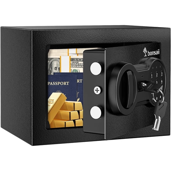 Bonsaii Safe Box with Electronic Keypad, Steel Security Lock Box with Key, 0.23 Cubic Feet, 9.06" W x 6.69" D x 6.69" H, Small Hidden Safe for Cash J