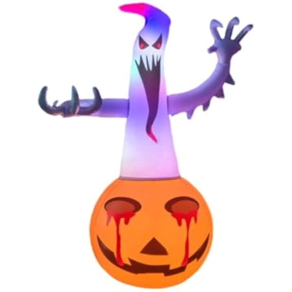 Wick's Outdoor Living 4FT Inflatable Pumpkin Ghost Halloween Decoration with LED Lights