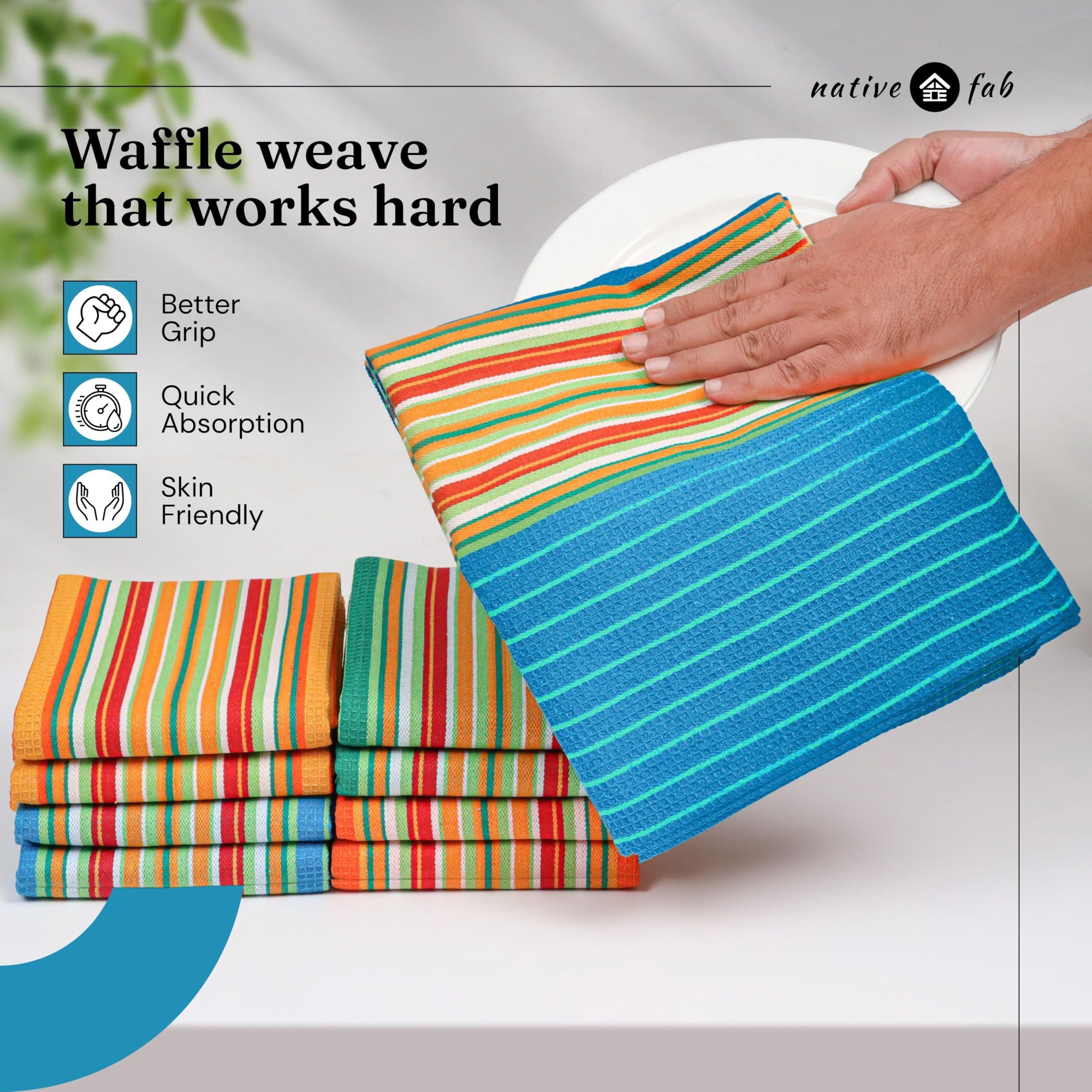 Native Fab Mexican Salsa Stripe Dish Towels, 8 Pack, 18x28", Super Absorbent, 100% Cotton Kitchen Towels for Drying, Reusable, Washable Towels for Everyday Cooking and Cleaning, Turquiose Blue