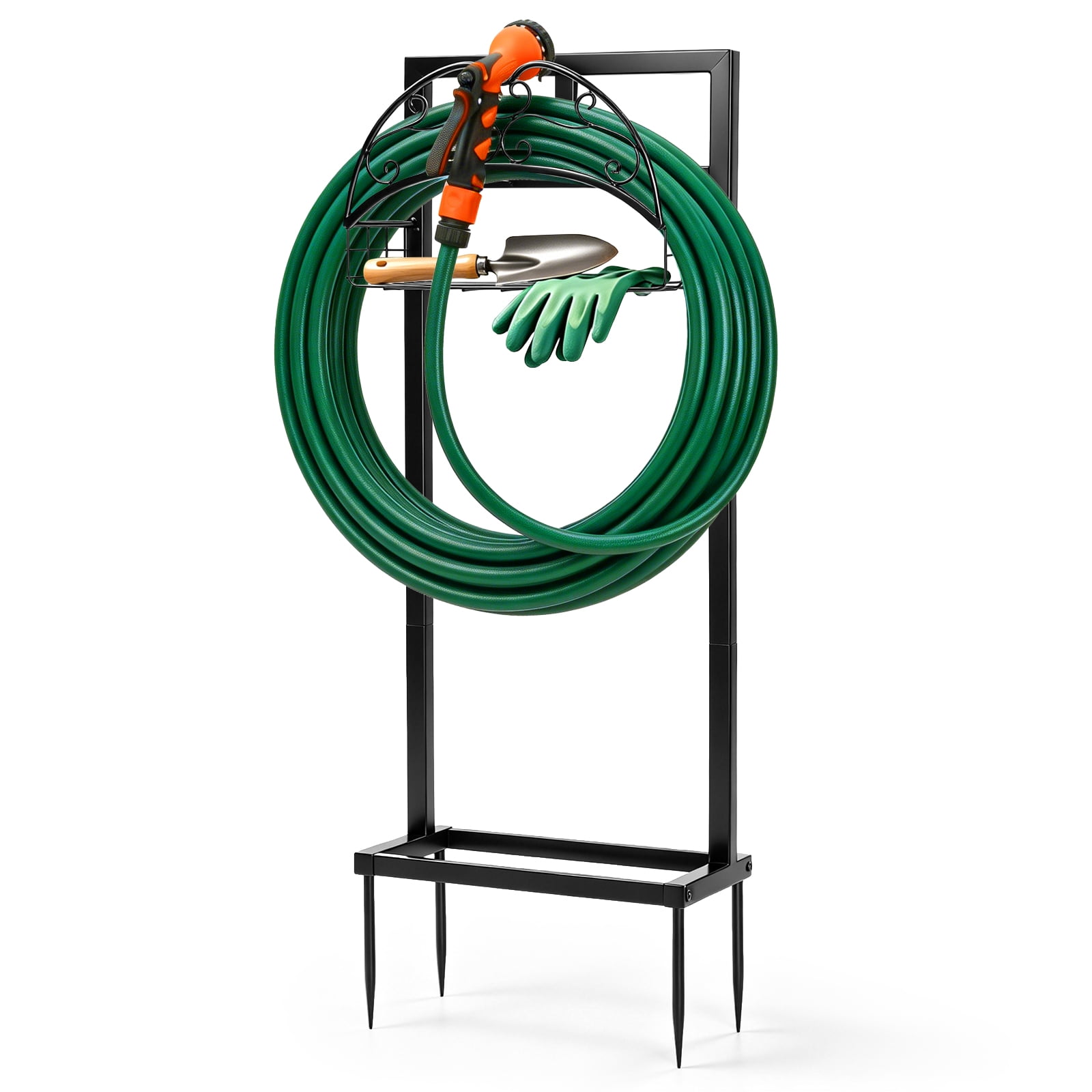 Garden Hose Holder, Water Hose Holder Stand with Storage Basket, Heavy Duty Freestanding Garden Hose Hanger Storage Rack with 4 Spikes for Outside Yard Lawn Farm, Black