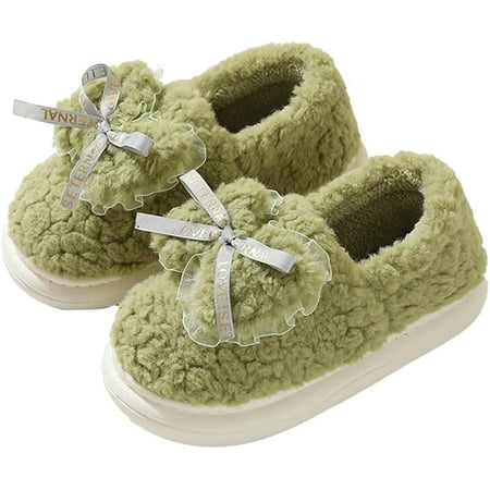 

PIKADINGNIS Women Cute Trendy Bow Lace Fluffy Slippers Warm Soft Furry Fur Indoor House Shoes Outdoor Heel Cover