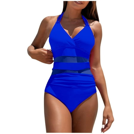 Amzcrzy Women s One Piece Swimsuit Ruched Slimming Color Block Bathing Suit Solid Color Halter Swimwear Back Out Tummy Control Bathing Suit Blue M