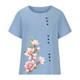 thumbnail image 4 of Usmixi Shirts for Women Vintage Floral Button Down Plus Size Cotton Linen Tee Tops Summer Trendy Flowers Print Short Sleeve Crewneck Ladies Blouses Sky Blue XXXXXL, 4 of 6