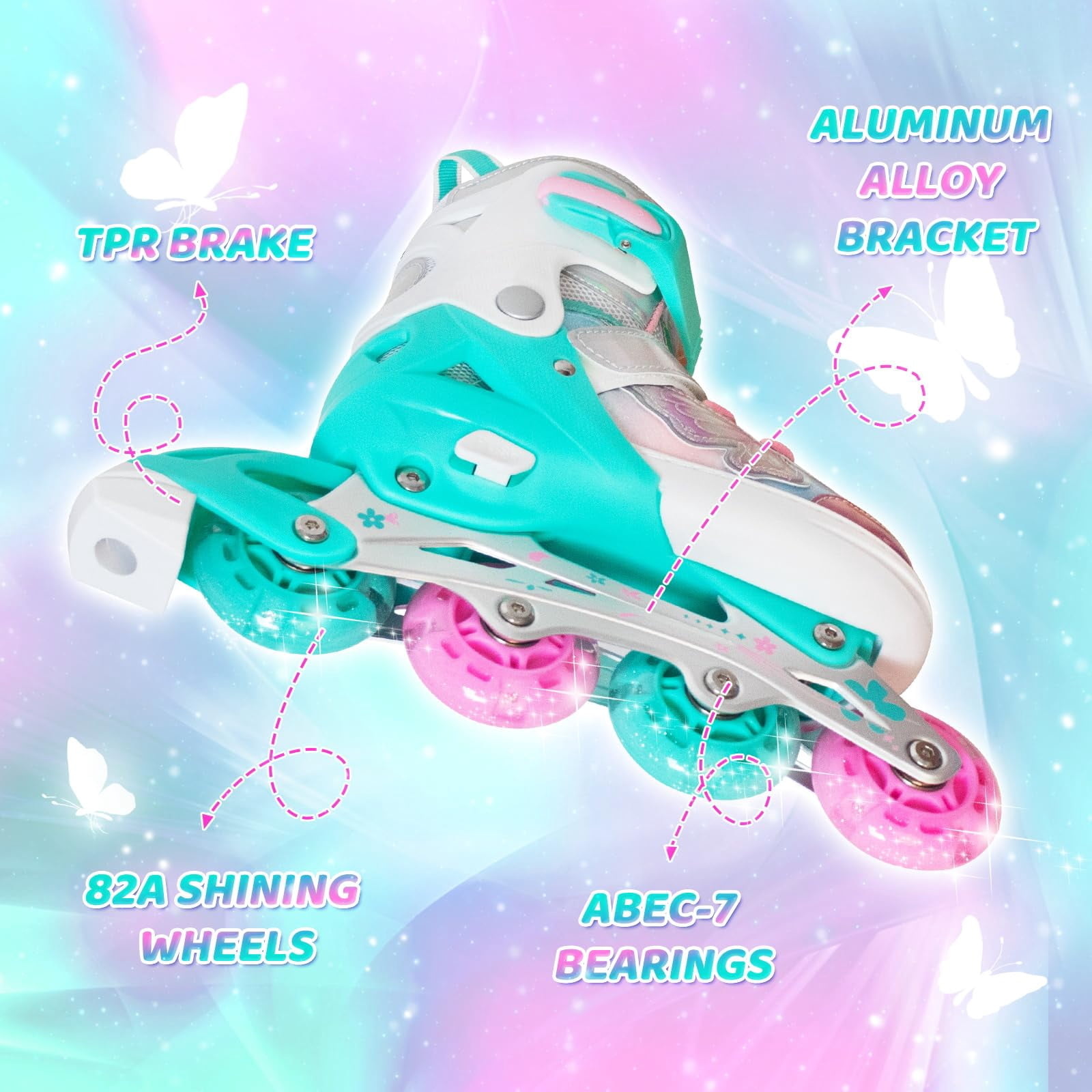 MammyGol Adjustable Inline Skates for Kids - Butterfly Design Youth Roller Skates with Safety Brake, Breathable Liner(Teal,Sizes 10j-13j Adjustable)