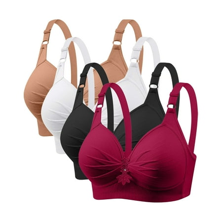 GERsome Pack of 4 Assorted Color Comfortable Full Coverage Bra for Women Wireless Bras with Soft Support Plus Size Everyday Bras 4PC#Wine/Khaki/White/Black S