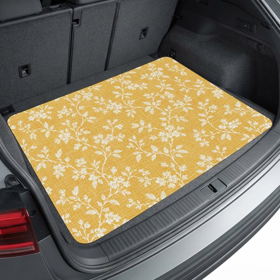Universal Car Trunk Mat 37" x 54", Floral Vine Gold All Weather Cargo Liner, Practical Auto Interior Accessories, Botanical Tiny Leaf French Country Warm Yellow Cargo Mat Fits Most Cars SUVs Trucks