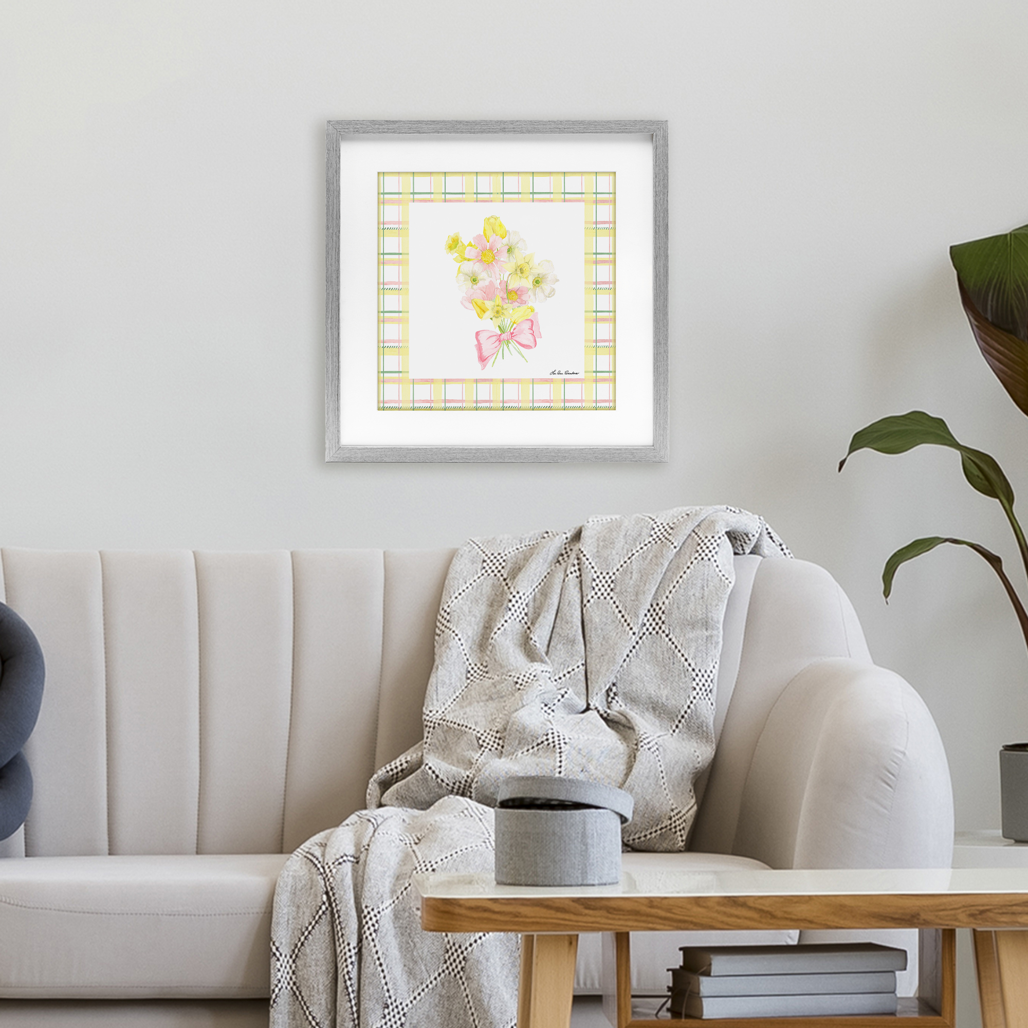 Spring Daffodils on Plaid Gray Framed Print Under Glass, design by Lee Ann Sanders