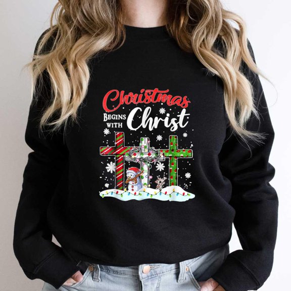 Christmas Begins With Christ Funny Xmas Snowman Ugly Sweater Graphic SW1700 Unisex Sweatshirt, Up to Size 5XL