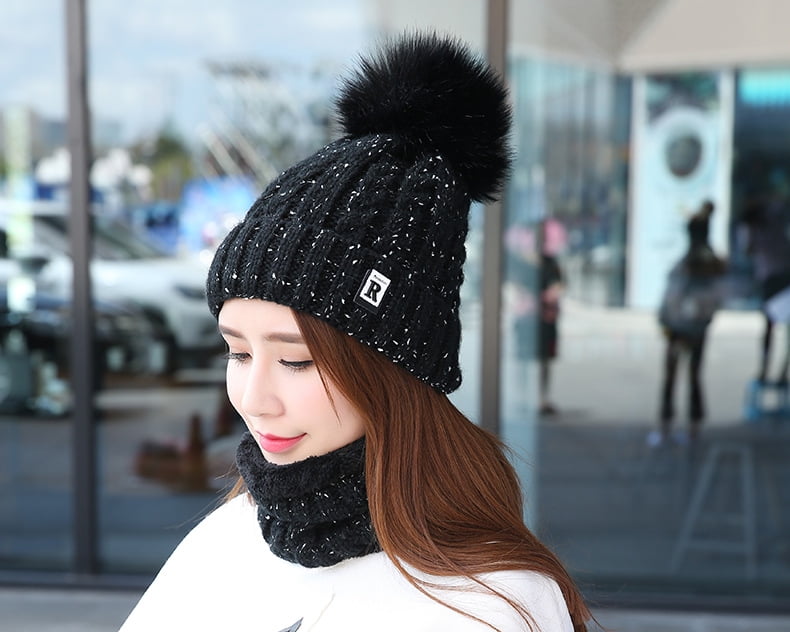 ZECATL Womens Pom Beanie Hat Scarf Set 