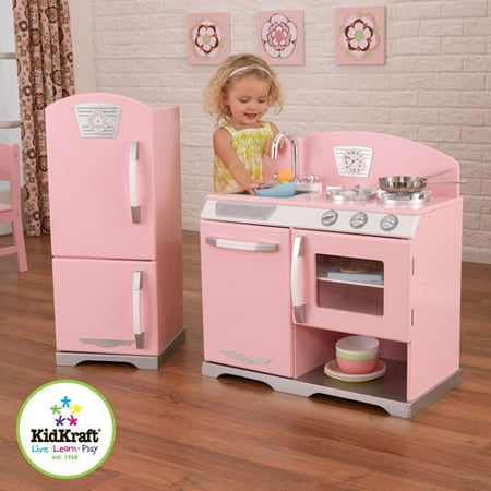 KidKraft Pink retro Wooden  Play Kitchen  and Refrigerator 