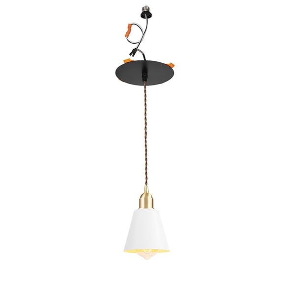 KAYYELAMP Vintage Industrial Brass Base White Metal Mini Shade Recessed Retrofit Pendant Lighting Conversion Kit E26 Power Connector 3.2 Ft Adjusted Cord Hanging Lamp for Hallway Farmhouse