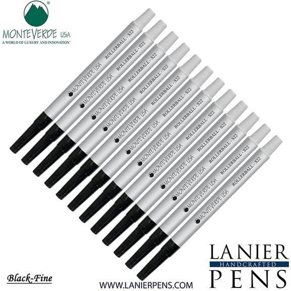 Lanier Combo Pack - 12 Pack - Monteverde Rollerball S22 Paste Ink Refill Compatible with most Sheaffer Style Rollerball Pens - Black (Fine Tip 0.6mm)