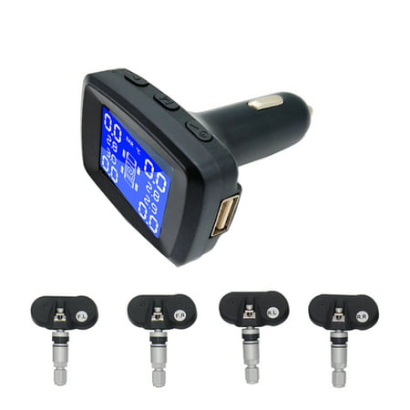 Tire Pressure Monitoring System Wireless TPMS Cigarette Lighter Plug with 4pcs Internal Sensors Temperature and Pressure LCD