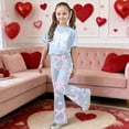 thumbnail image 2 of 2 Piece Set for Girls Valentines Heart Print Bow Detail Short Sleeve Top and Wide Leg Pants Cute Outfit for Kids, 2 of 4