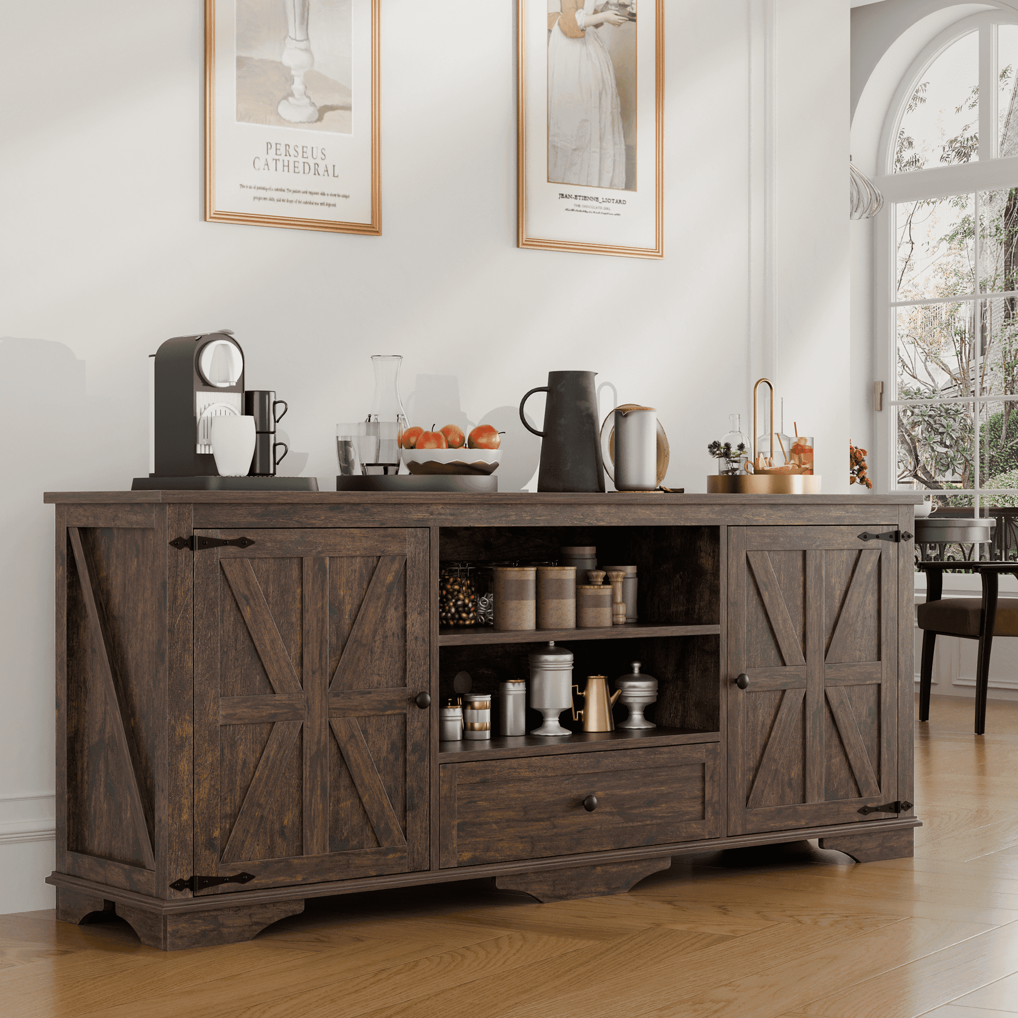 GIKPAL Farmhouse TV Stand for 65 inch TV, Entertainment Center Console Table with Storage Cabinets, Barn Door and Adjustable Shelves for Living Room, Rustic Brown