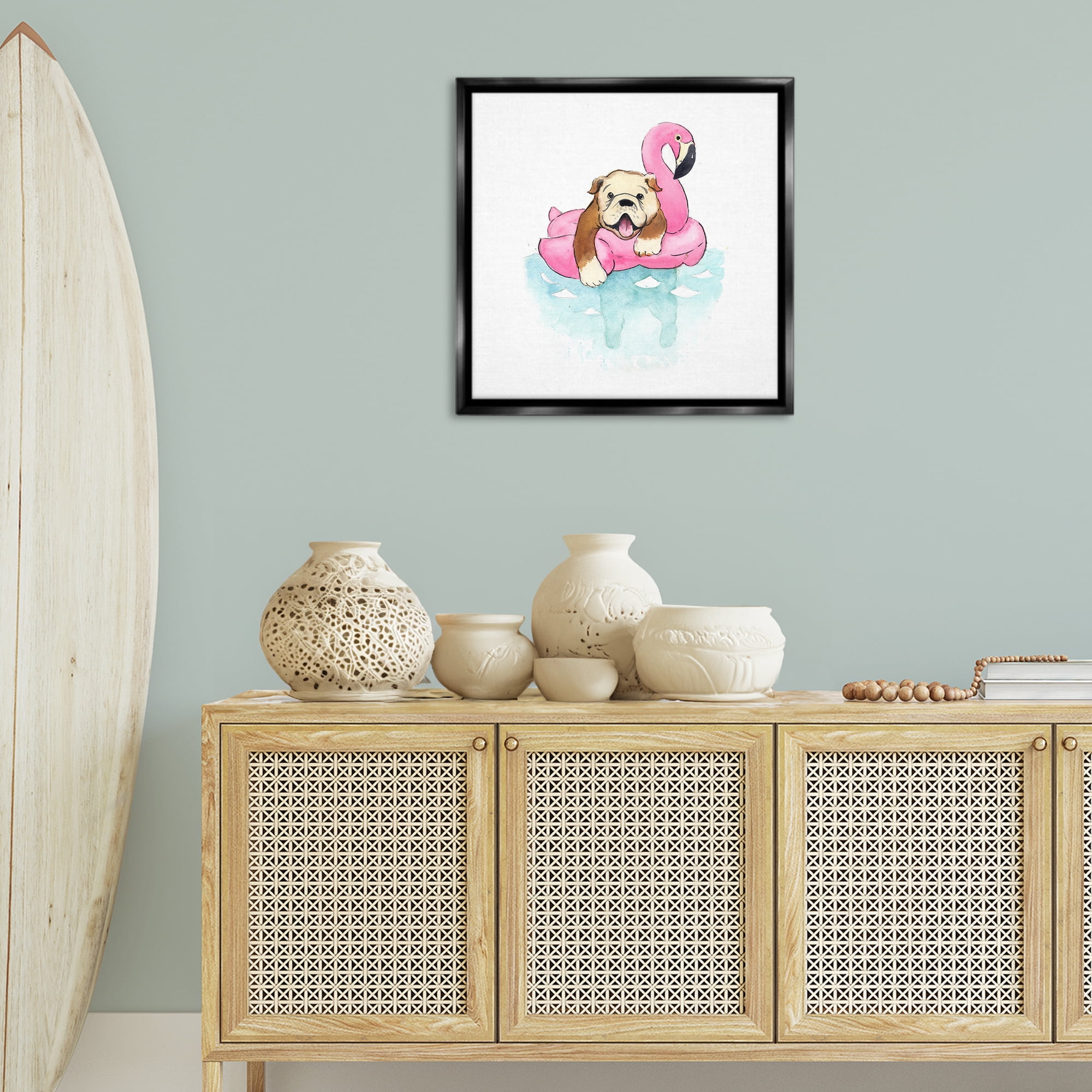 Stupell Industries Bulldog in Pool Float Animals Painting Black Floater Framed Canvas Art Print Wall Art, 25 x 25