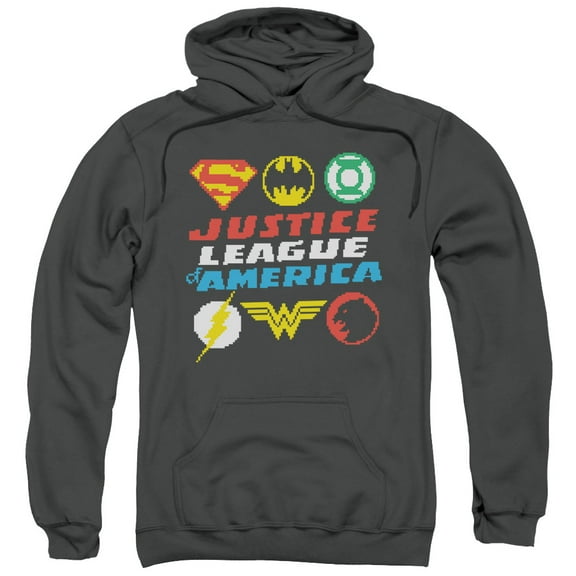 JLA Justice League Pixel Logos Adult Pullover Hoodie Sweatshirt Charcoal