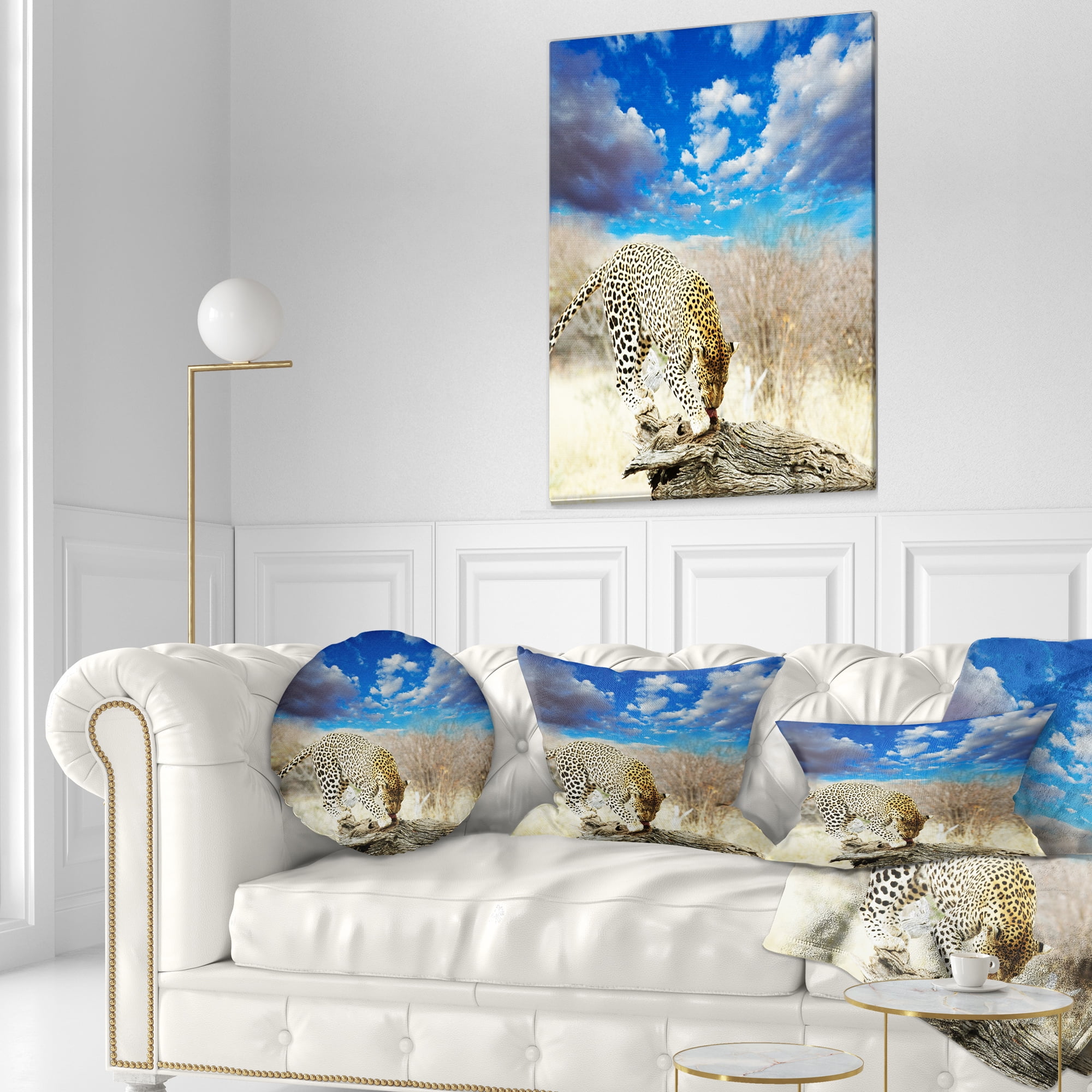 Designart Leopard Feeding on Tree Trunk - African Throw Pillow - 12x20