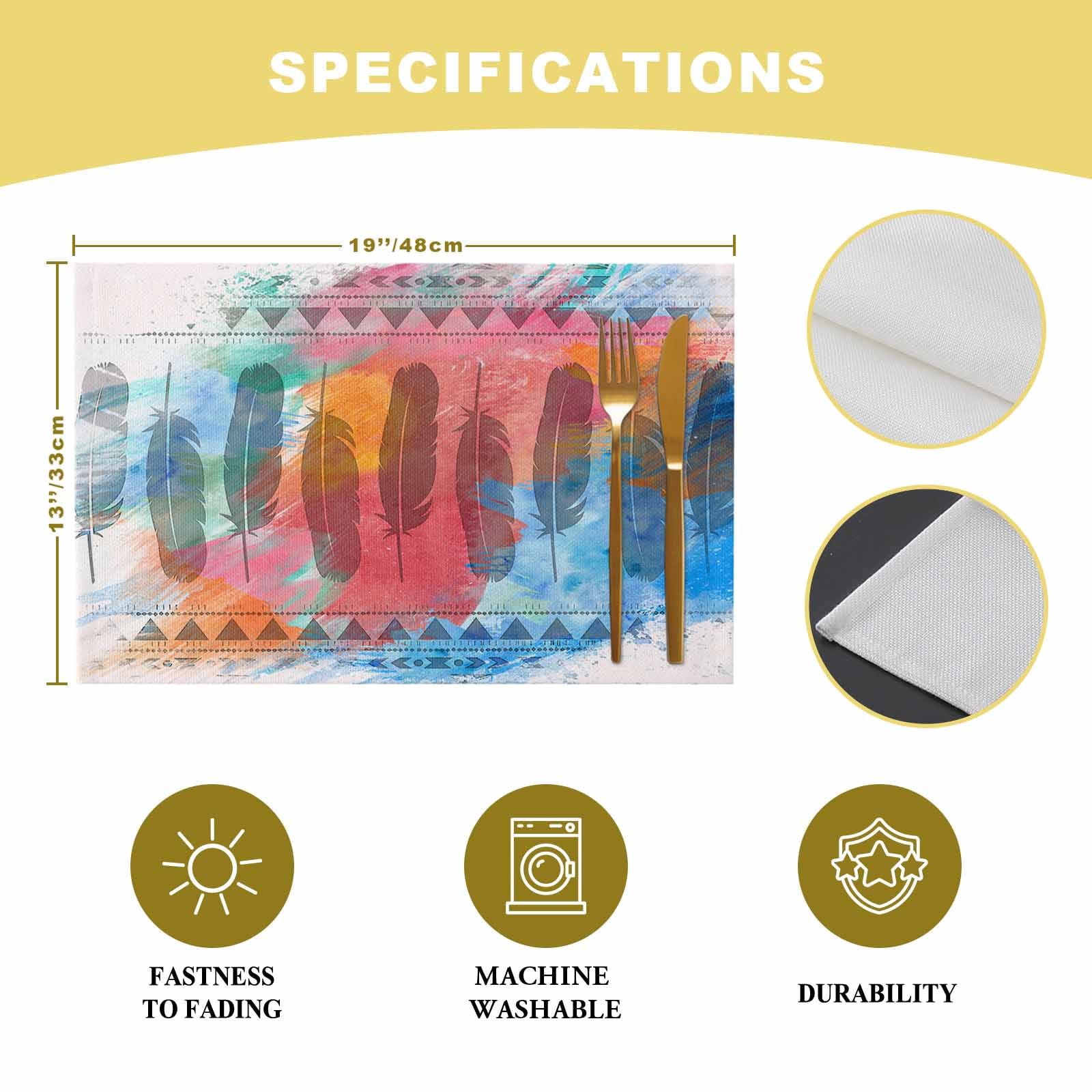 Medi-eval Feather, Placemats Set of 4, Bohemia Abstract Shabby Chic Art Placemats for Dining Table, Place Mats for Kitchen Tabletop, Waterproof Wipeable Dining Table Mats Set