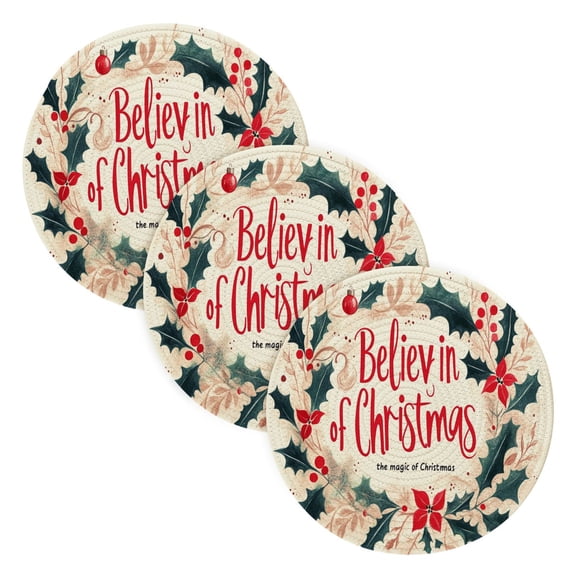 BZSMCE Mats for Pots,Pans Place Red Merry Christmas Elegant Leaf Wreath Simple Style Pattern Pot Mats