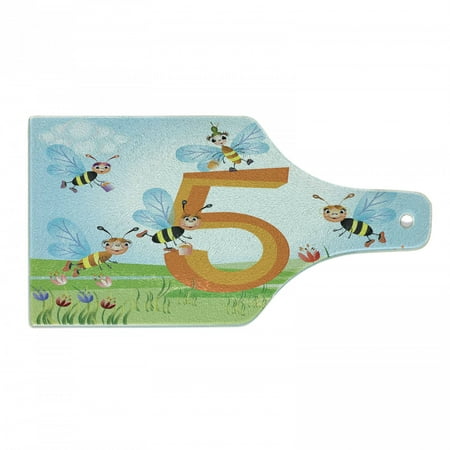 

Number Cutting Board Happy Bees Making Honey in 5 Sign in Tulip Garden Field Cartoon Decorative Tempered Glass Cutting and Serving Board Wine Bottle Shape Multicolor by Ambesonne