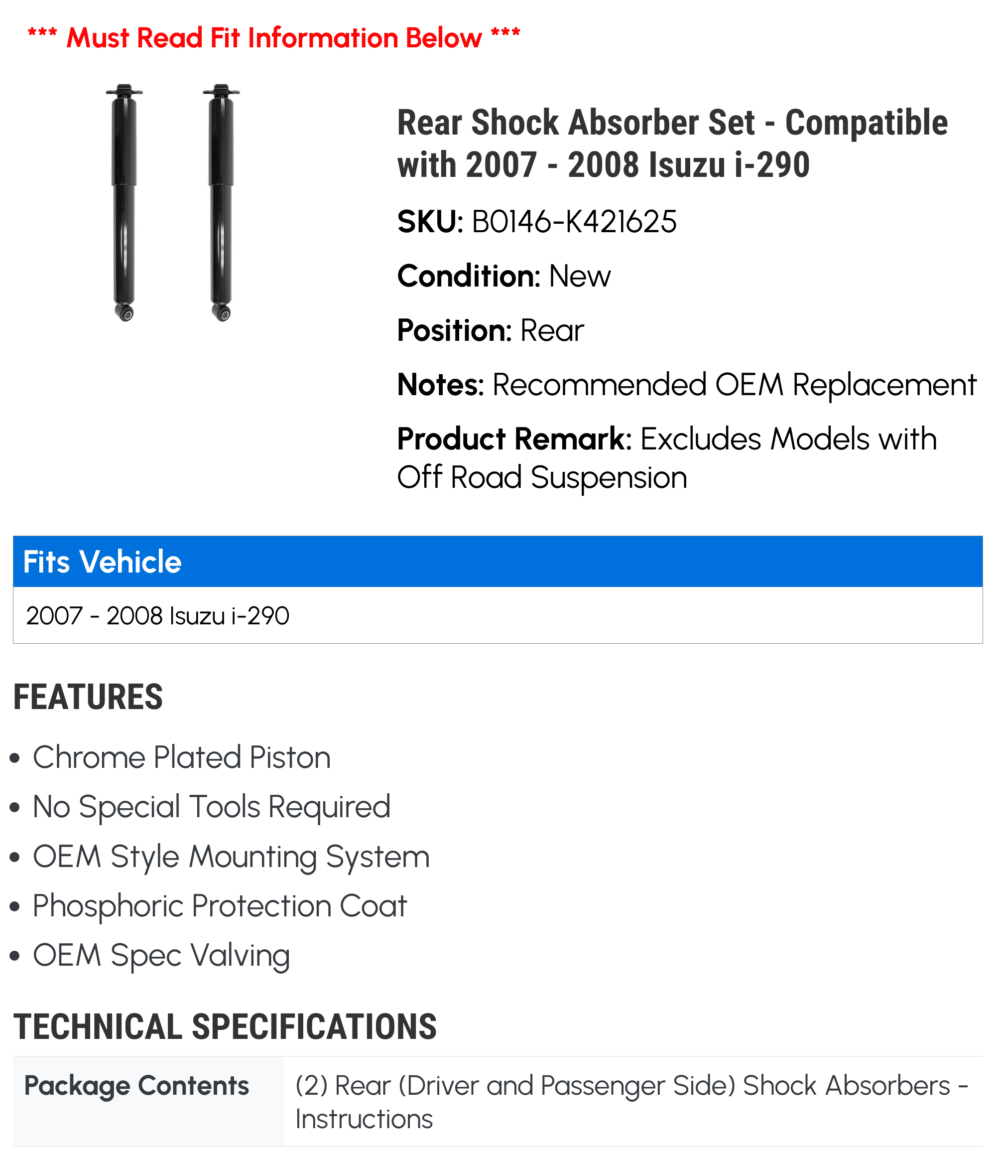 Rear Shock Absorber Set - Compatible with 2007 - 2008 Isuzu i-290