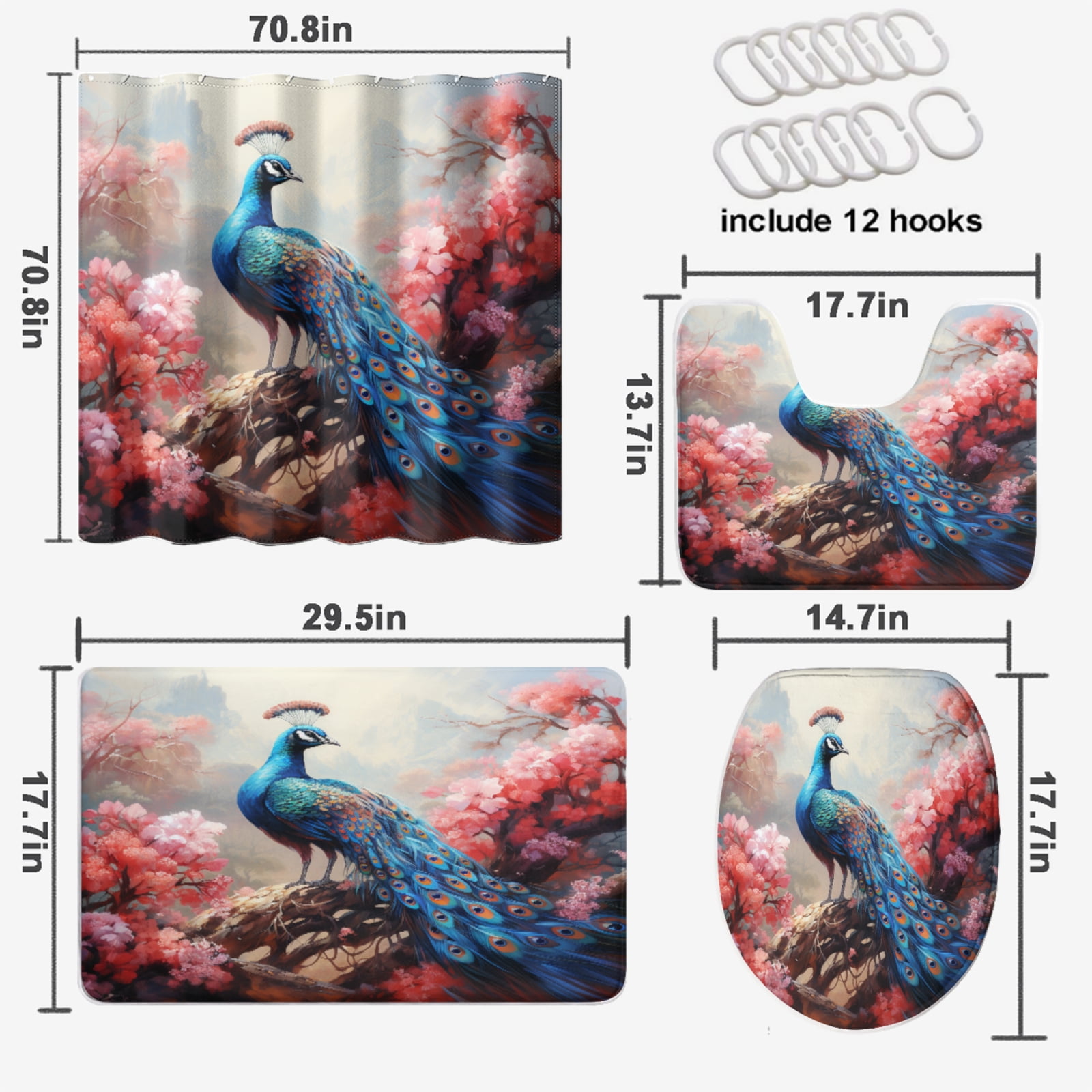 Peacock 4 Piece Shower Curtain Sets Blue Beautiful Bird Pink Flower Floral Plant Scenery Bath Curtain for Bathroom Waterproof Fabric Bathroom Decor Set, 72x72 Inch
