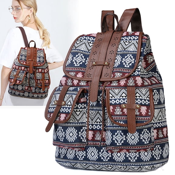 Women Boho Backpack Drawstring Daypacks Polyester Rucksack Shoulder Handbag with Ethnic Geometric Print Multipurpose Convertible Purse Teenager School Bag for Outdoor Travel Multicoloured