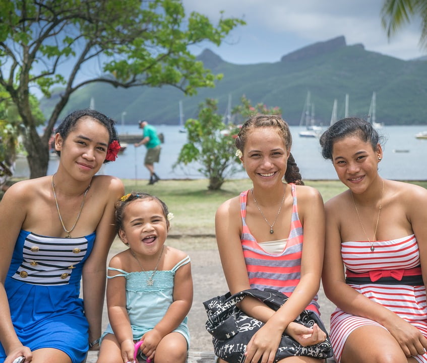 ...French Polynesia Nuku Hiva Portrait Beach Girls Stretched Canvas 32 x 24...