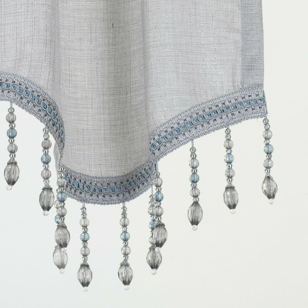 Kate Aurora Shimmery Sheer Ultra Chic Rod Pocket Beaded Window Valance Silver