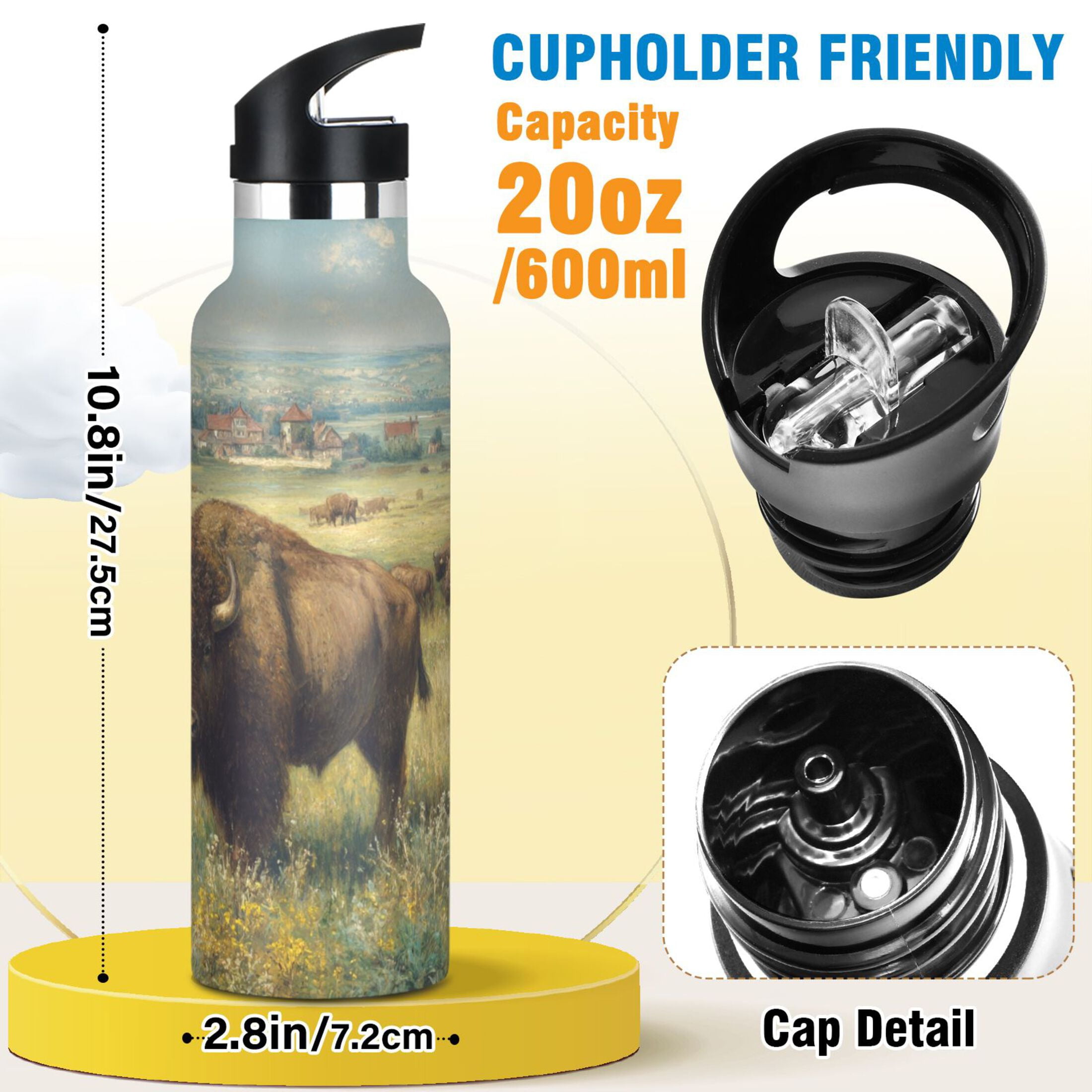 Kids Insulated Stainless Steel Sports Water Bottle 600ml (20oz) Buffalo Herd Oil Painting