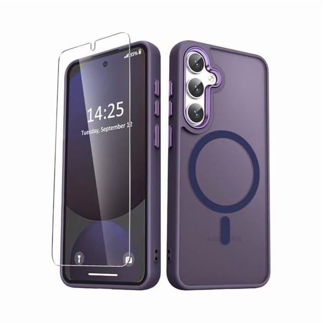 Chenchen for Samsung Galaxy S25 Case, Matte Magnetic Phone Case with 1 Screen Protector, Support for Magsafe, Translucent Frosted Shockproof Protective Cover for Samsung Galaxy S25, Deep Purple